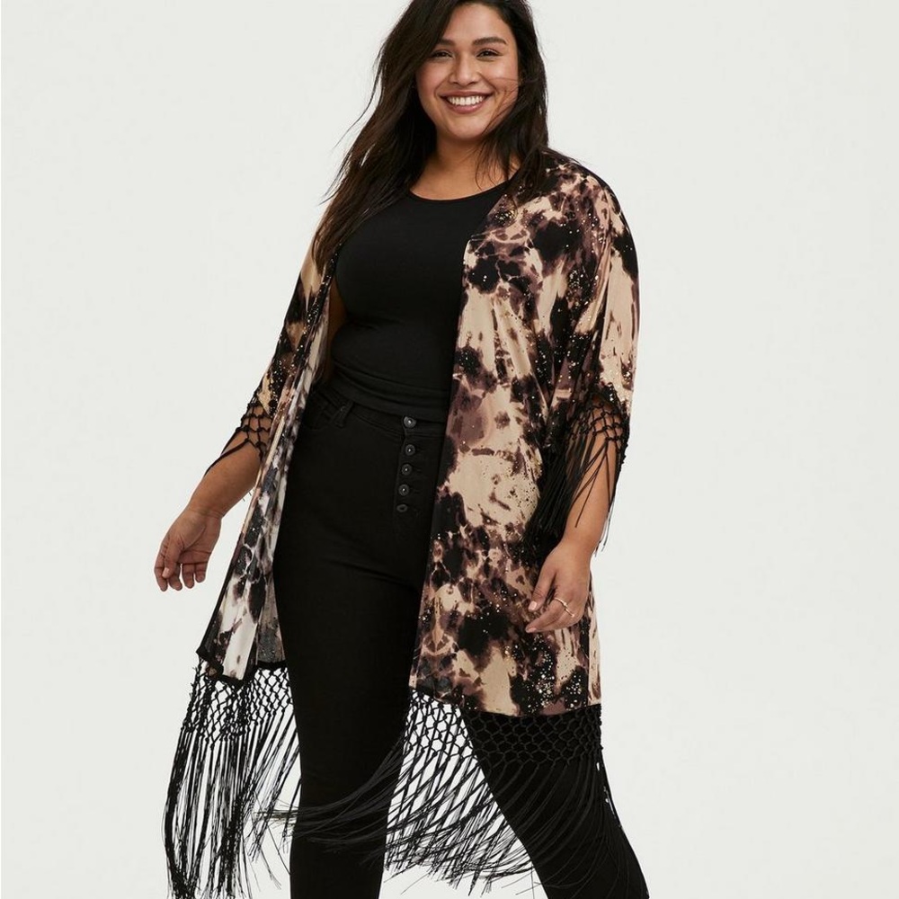 Torrid Black Tie-Dye Crepe Fringe Kimono NWOT